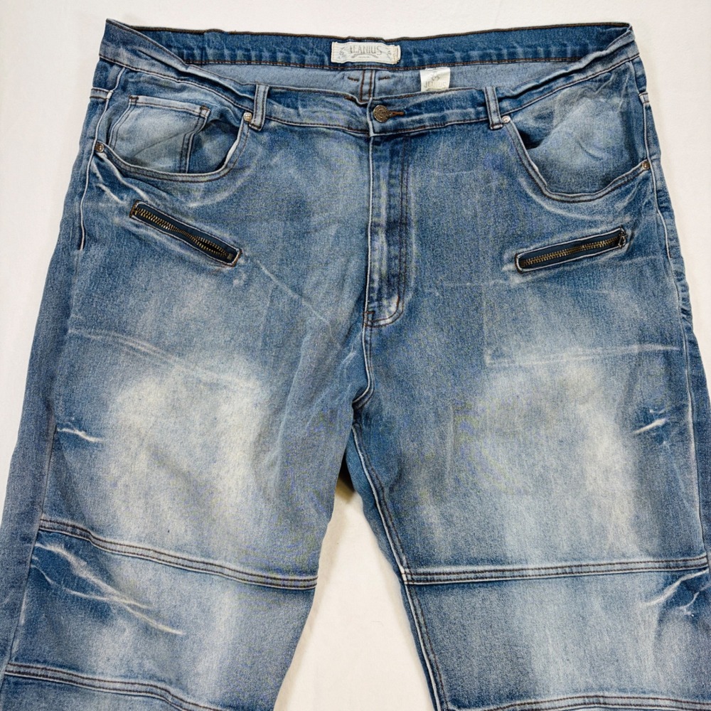 Jeanius Mens 40x30 Moto Denim Jeans Light Wash Distressed Biker Y2K Wide Zipper